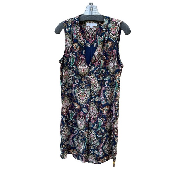 DR2 Navy Blue white pink‎ paisley Pattern Sleeveless v neck with matching belt - Picture 1 of 6